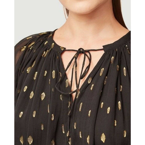 FRAME Denim Peasant Blouse Sz XS Black Metallic Gold Sheer Long Sleeves (f - Picture 3 of 7